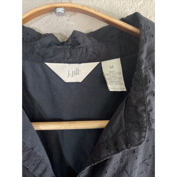 J Jill Womens Dress M Black Embroidered Eyelet Cotton Button Front Short Sleeve - Picture 2 of 8